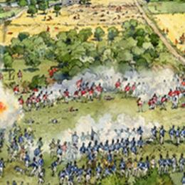 Painting of adversary armies charging towards each other at Bladensburg