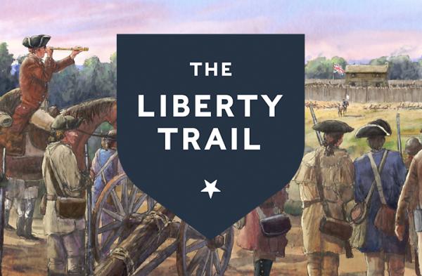 The Liberty Trail logo shield overlayed on an illustration of colonial soldiers 