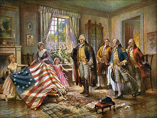Image depicting the creation of the first American flag by Betsy Ross.