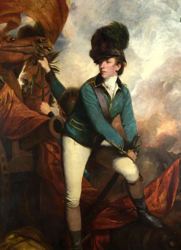 Painting of a man wearing a short green coat posed in front of a cannon and a horse. 