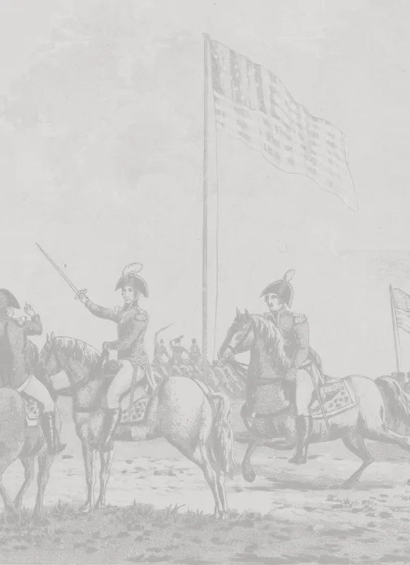 Cropped view of an engraving recolored in light greyscale tones shows General Jackson on a horse with American soldiers fighting the British in the background.