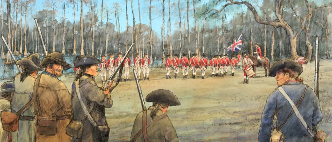 An illustration of Patriot and British forces at Halfway Swamp