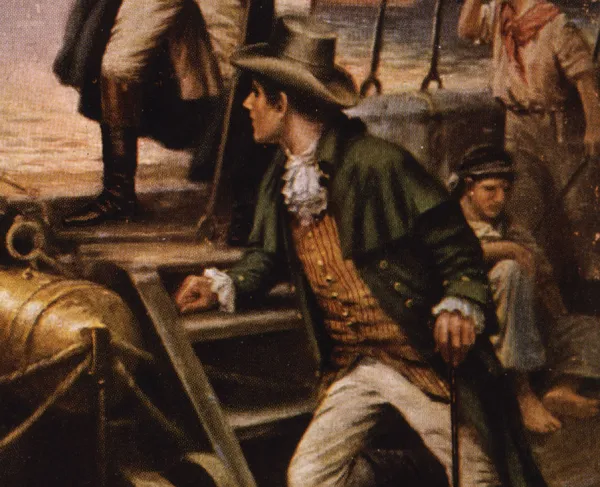 Painting of Francis Scott Key standing on a ship looking out at the water