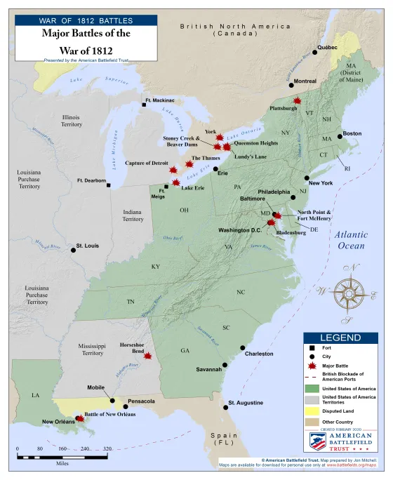 This map portrays the major battles of the War of 1812. 