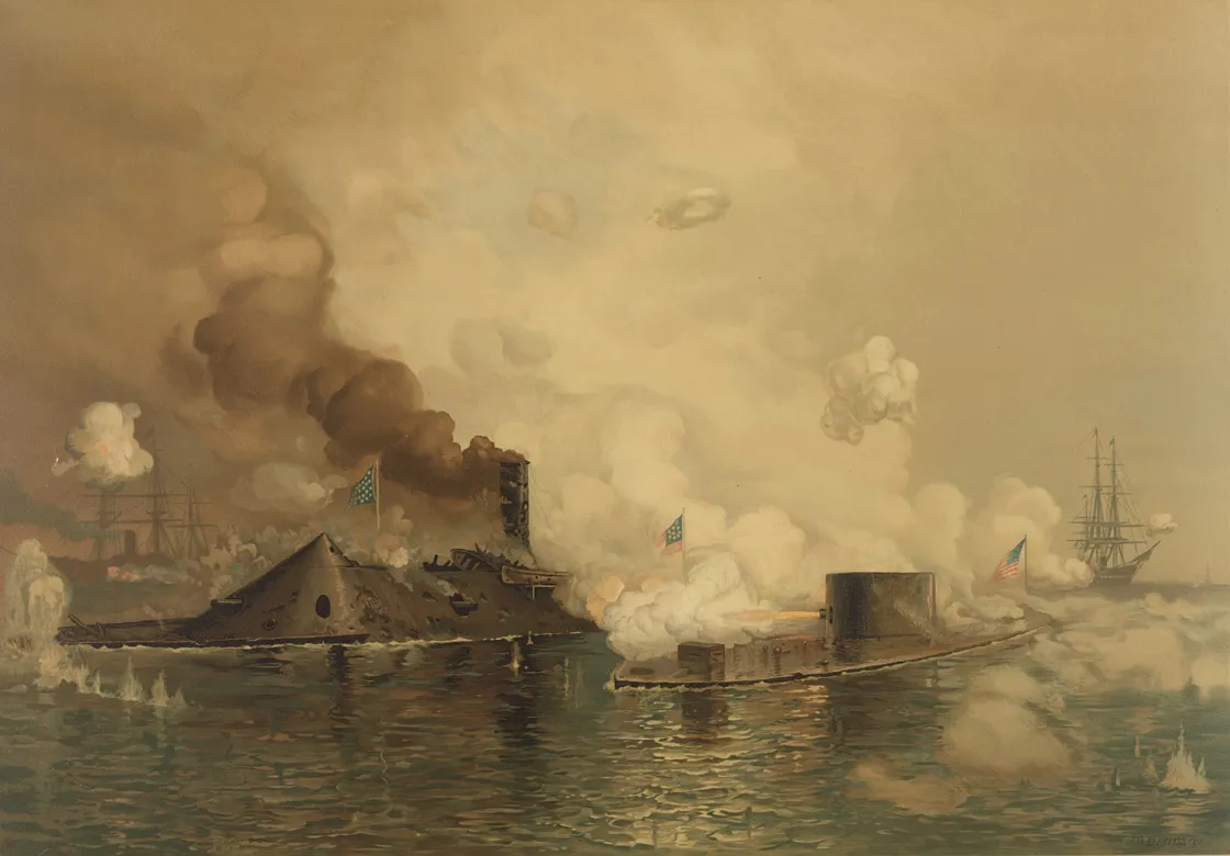 Two ironclad warships, the USS Monitor and CSS Virginia (formerly USS Merrimack), exchange cannon fire during the Battle of Hampton Roads as smoke and exploding shells fill the sky above the water.