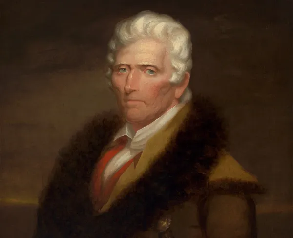Oil portrait of frontiersman Daniel Boone in buckskin clothing, painted late in his life.