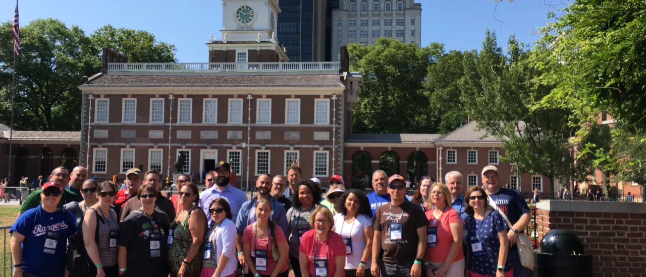 Teachers pose in front of Independence Hall