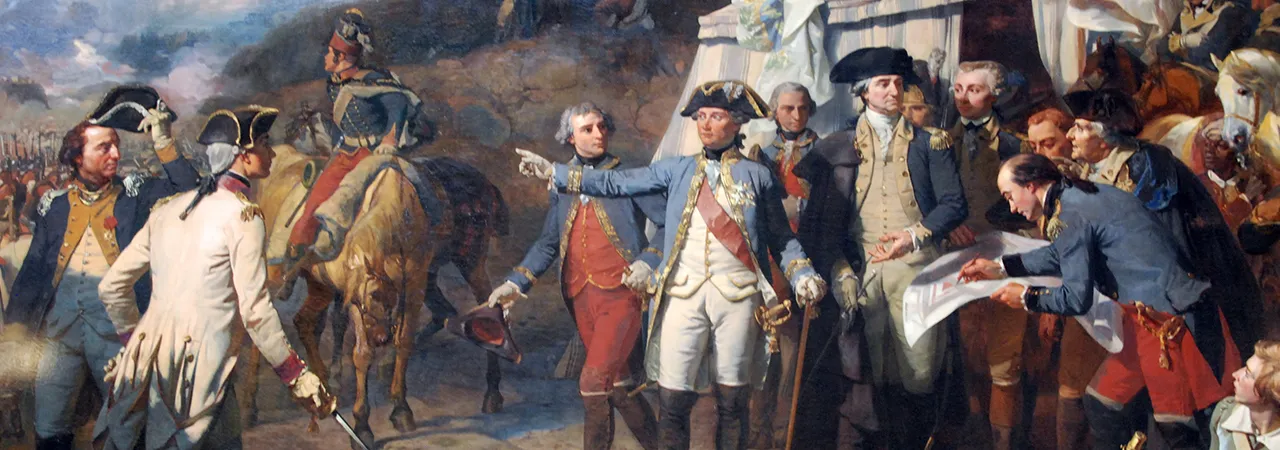 This painting depicts military commanders at the Siege of Yorktown standing in front of a tent, while some lean against a table. They are depicted engaged in animated conversation. 