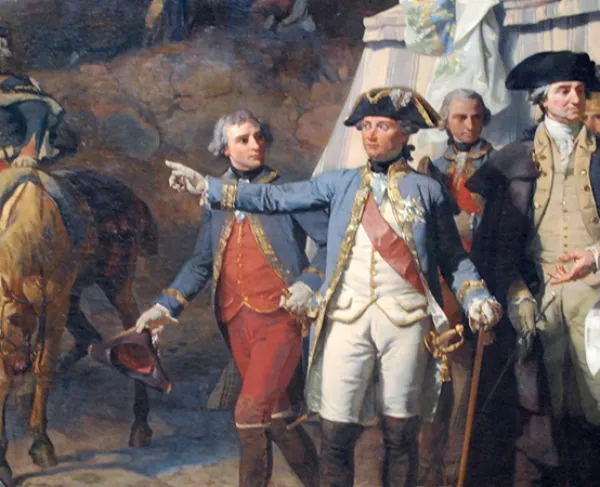 This painting depicts military commanders at the Siege of Yorktown standing in front of a tent, while some lean against a table. They are depicted engaged in animated conversation. 
