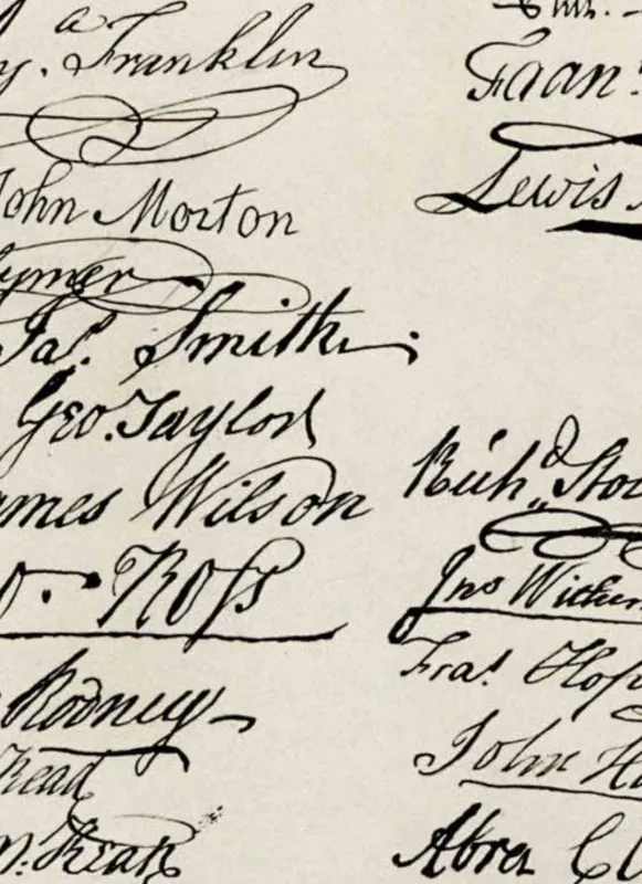 Zoomed in image of the signatures on the Declaration of Independence
