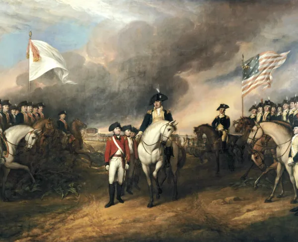An oil painting depicting the the surrender of British Lieutenant General Charles, Earl Cornwallis at Yorktown, Va. on October 19, 1781.