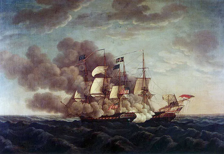 Painting of a large ship that is on the water. There is lots of smoke billowing from the ship.