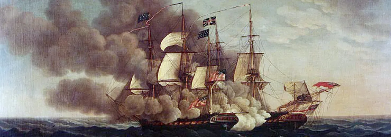 Painting of a large ship that is on the water. There is lots of smoke billowing from the ship.